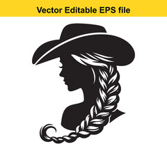 Silhouette of a cowgirl with braided hair wearing a cowboy hat, isolated on white background