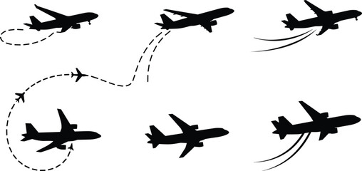 Silhouettes of airplanes flying with dashed and curved flight paths, jet trails, aviation route icons, takeoff and travel symbols