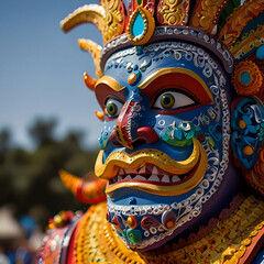 Vibrant Demon Mask: Close-Up of Intricate Colorful Design
