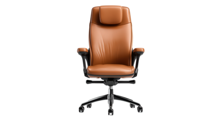 Premium Leather Office Chair: A flat lay of a premium leather office chair with ergonomic design, isolated on a Transparent background, PNG file.