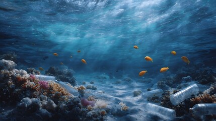 Fototapeta premium Plastic pollution contaminates a vibrant coral reef ecosystem with small fish swimming amongst the debris