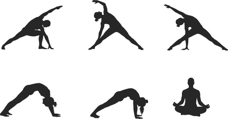 Silhouettes of people doing yoga poses and meditation exercises, practicing stretching, flexibility, strength, balance, and relaxation