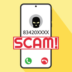 Vector illustration of smartphone, scam, cyber crime, internet crime, hoax and fraud. Concept of Cheating, Pranks, or Scams. Fraud People Makes Suspicious Call from Unknown Number on Smartphone.