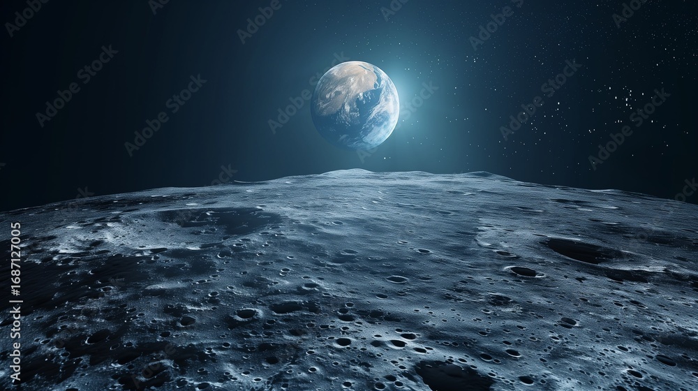 Canvas Prints clean empty moon surface landscape with earth rising in the distance, minimal background for product