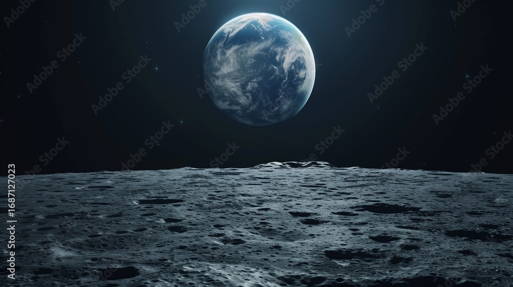 Wall mural clean empty moon surface landscape with earth rising in the distance, minimal background for product