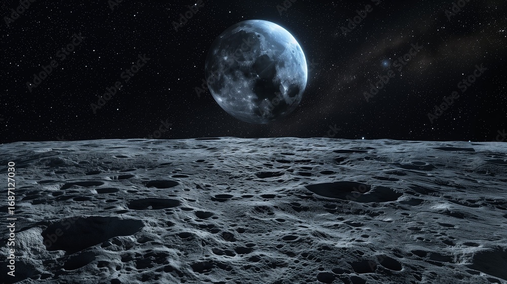 Canvas Prints clean empty moon surface landscape with earth rising in the distance, minimal background for product