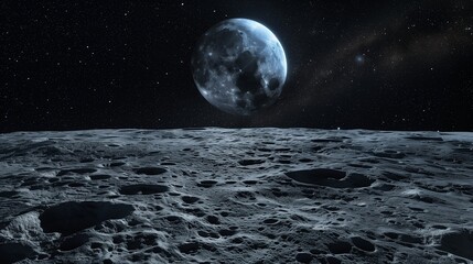 Clean empty moon surface landscape with Earth rising in the distance, minimal background for product mockup.