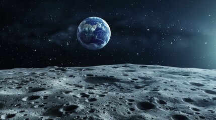 Clean empty moon surface landscape with Earth rising in the distance, minimal background for product mockup.