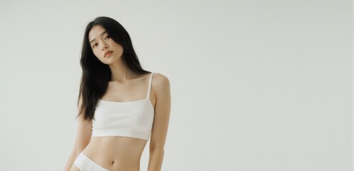 Fototapeta premium Young woman in white crop top posing indoors with minimal clean fashion style
