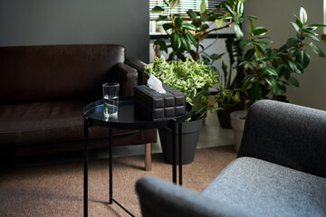 Empty psychotherapists office featuring glass of water and tissue box on round table with green...
