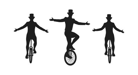 three silhouetted figures riding unicycles with top hats © Rita
