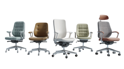 Premium Office Chairs: A flat lay of premium office chairs with ergonomic designs, isolated on a Transparent background, PNG file.