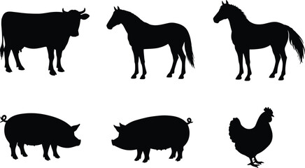 Silhouettes of farm animals including cow, horse, pig, and chicken, agricultural livestock icons, black animal vector illustrations