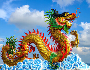 Fototapeta premium Brightly colored, majestic dragon statue with intricate scales against a partly cloudy blue sky