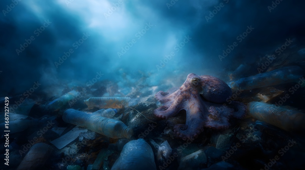 Poster an octopus rests on a polluted seabed littered with plastic bottles illuminated by shafts of light f