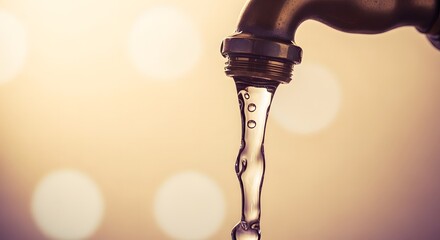 Close-up view of a faucet dispensing water, highlighting the flow and droplets, with a blurred background and warm lighting, symbolizing cleanliness and hydration