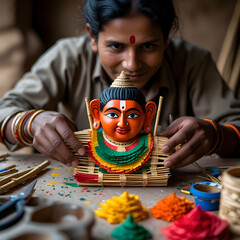 Indian Artisan Craftswoman Creates Stunning Clay Figurine: Close-Up View of Traditional Art