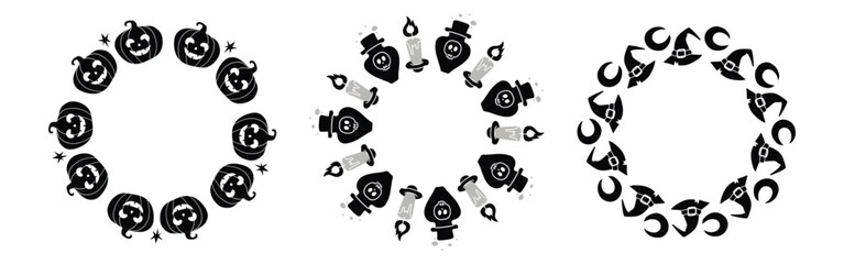 Set of Halloween circle frames with pumpkin, candle, moon, hat, poison. Design elements for autumn decorations, banner, invitation, poster.