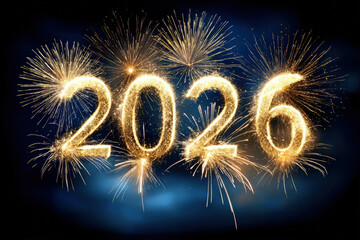 Celebrate the new year 2026 with a dazzling firework display in a dark sky.