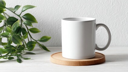 White mug on wooden coaster near greenery
