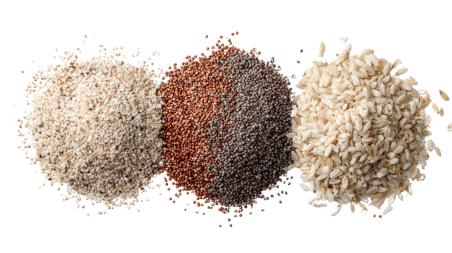 Premium Organic Grains: A flat lay of premium organic grains like quinoa, rice, and oats, isolated on a Transparent background, PNG file.