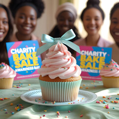 Pink Cupcake with Blue Bow at a Charity Bake Sale: Supporting Awareness Day