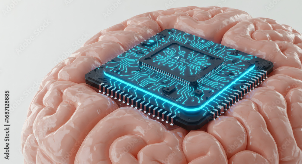 Poster conceptual 3d render of a glowing microchip integrated with a human brain, symbolizing artificial in