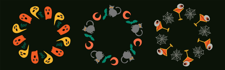 Trendy Halloween element set with witchcraft symbols – cat, raven, witch hat, potion, and cauldron. Perfect for cards, stickers, and spooky posters.