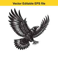 Black raven bird with outstretched wings isolated on white background