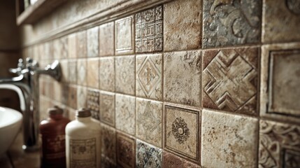 Medium shot of a bathroom wall featuring neatly arranged ceramic tiles in geometric patterns with the faucet area softly out of focus.