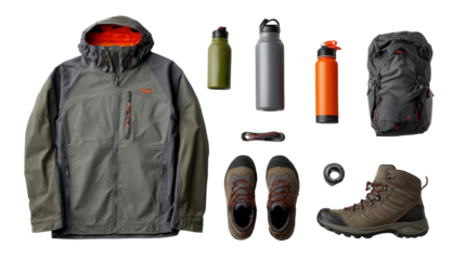 Premium Outdoor Gear: A flat lay of premium outdoor gear like jackets, water bottles, and hiking boots, isolated on a Transparent background, PNG file.