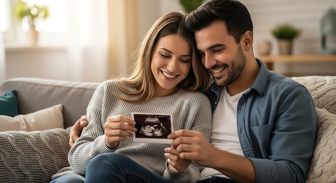 Happy young couple admiring ultrasound image of their baby while sitting on sofa in cozy living room, filled with excitement and anticipation.