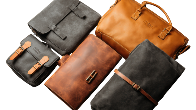 Premium Quality Leather Bags: A flat lay of premium quality leather bags with sleek finishes, isolated on a Transparent background, PNG file.