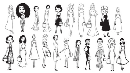 Beautiful Woman Formal Dress Standing Hold Bag Silhouette 2D Cartoon Character Black White Background