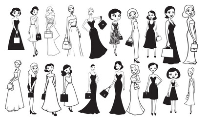Beautiful Woman Formal Dress Standing Hold Bag Silhouette 2D Cartoon Character Black White Background