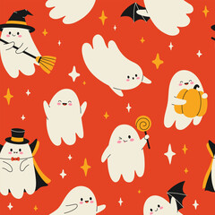 Cartoon seamless pattern of Halloween with cute ghosts characters. Trendy background for Halloween decoration. Hand drawn modern design for print, poster, banner, wrapping paper, fabric