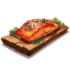 salmon on cedar plank cooked clipart on white background(4)