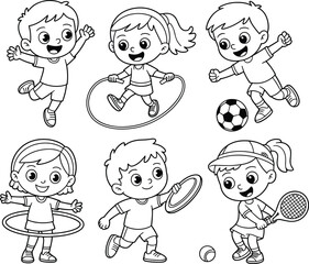Black and white line art of happy children playing sports, hula hooping, jumping rope, soccer, tennis, and throwing frisbee