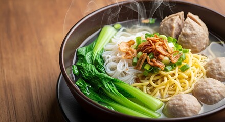 Indonesian Bakso Noodle Soup with Meatballs and Vegetables