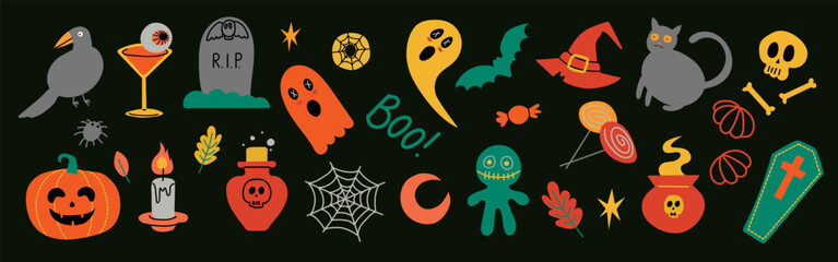Trendy Halloween element set with witchcraft symbols – cat, raven, witch hat, potion, and cauldron. Perfect for cards, stickers, and spooky posters.