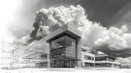 Conceptual architectural image showing a modern office building transitioning from a pencil sketch to a photorealistic render under a dramatic, cloudy sky.