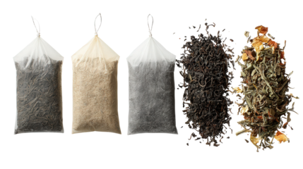 Premium Tea Bags: A flat lay of premium tea bags with elegant packaging, isolated on a Transparent background, PNG file.