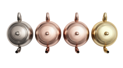 Premium Tea Kettles: A flat lay of premium tea kettles with polished finishes, isolated on a Transparent background, PNG file.