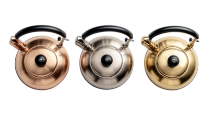 Premium Tea Kettles: A flat lay of premium tea kettles with polished finishes, isolated on a Transparent background, PNG file.