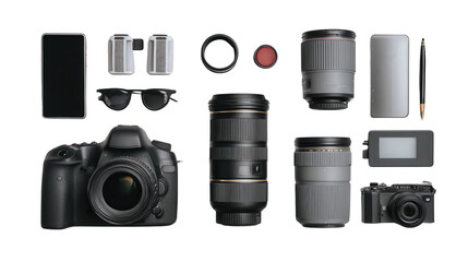 Professional Camera and Lens: A flat lay of a professional camera with lens and photography gear, isolated on a Transparent background, PNG file.