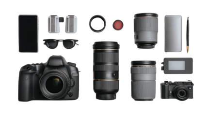 Professional Camera and Lens: A flat lay of a professional camera with lens and photography gear, isolated on a Transparent background, PNG file.