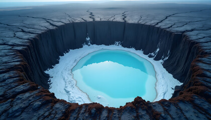 Aerial View of Volcanic Crater Filled with Frozen Blue Ice