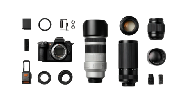 Professional Camera and Lens: A flat lay of a professional camera with lens and photography gear, isolated on a Transparent background, PNG file.