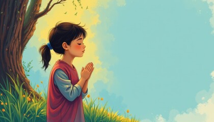 illustration of a young person in prayer, the subject should be on the left side of the image with ample copy space on the right