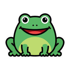 Obraz premium Cartoon illustration of a smiling green frog with a light green belly, outlined in black, on a white background.